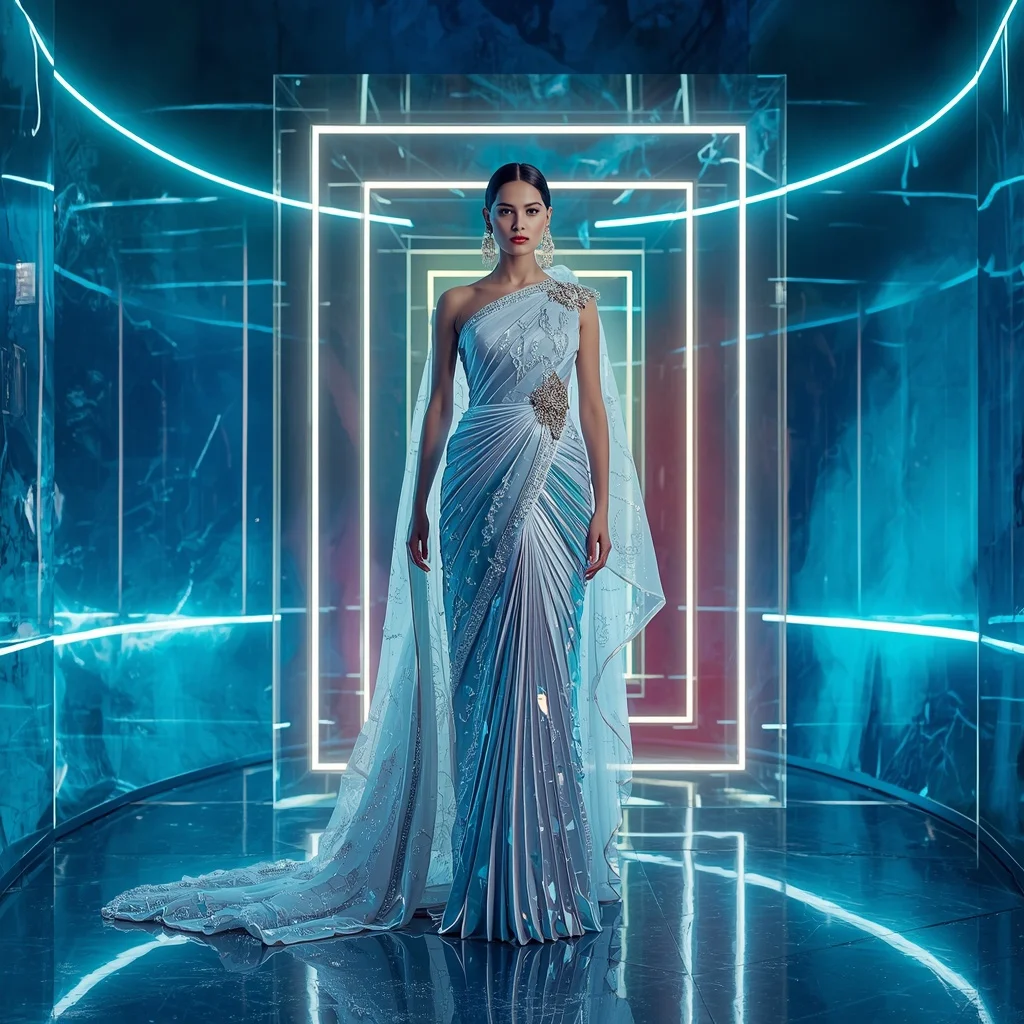 Frozen Aurora Hypergoddess Saree with Cinematic Glamour Frames and Crystal Quantum Realm | Instagram Model Ai Prompt