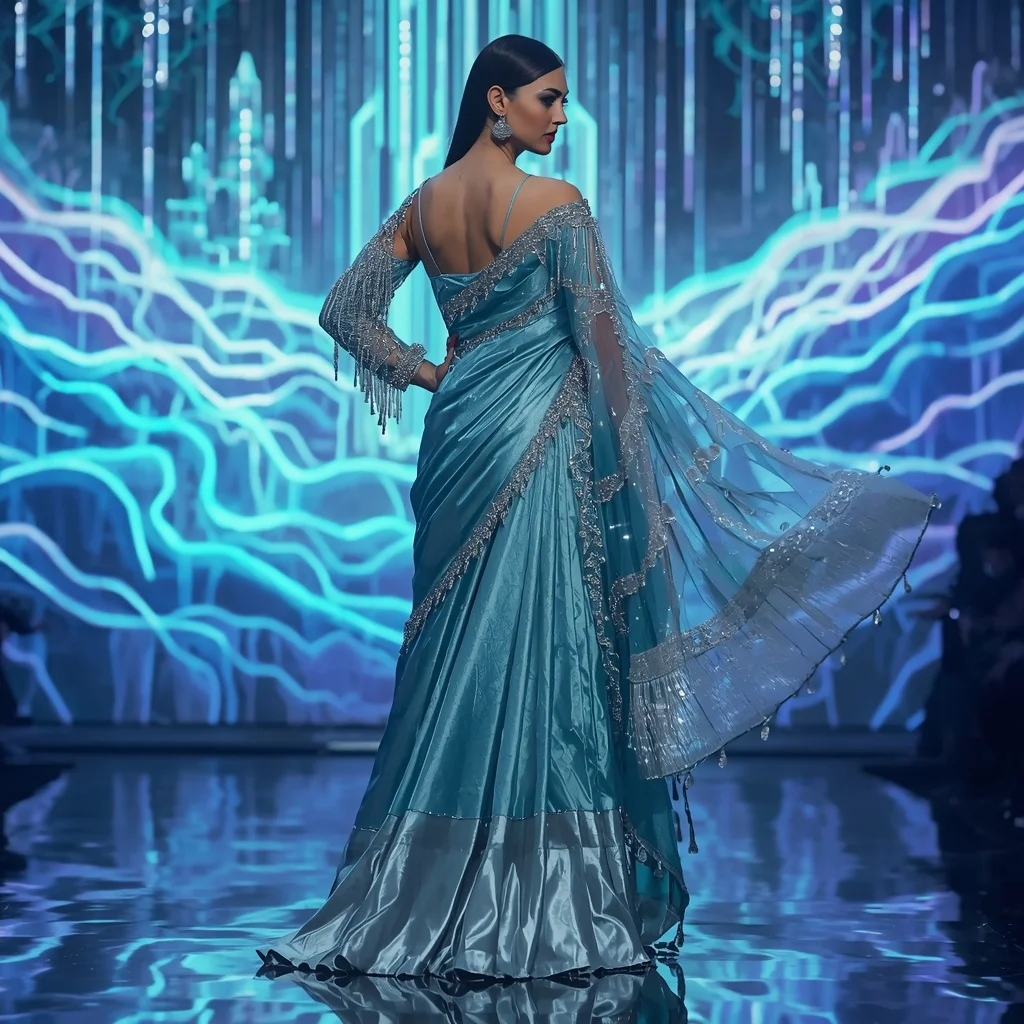 Frozen Diamond Aurora Saree with Neon Wave Citadel | Instagram Photography Ai Prompt