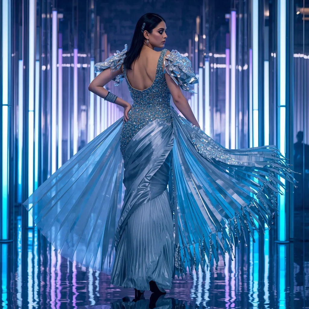Frozen Diamond Aurora Saree with Neon Wave Kingdom | Instagram Viral Photo Ai Prompt