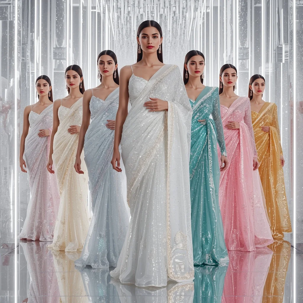 Frozen Diamond Celestial Saree with Reflective Fashion Poses and Aurora Infinity Megaverse | Prompt Ai