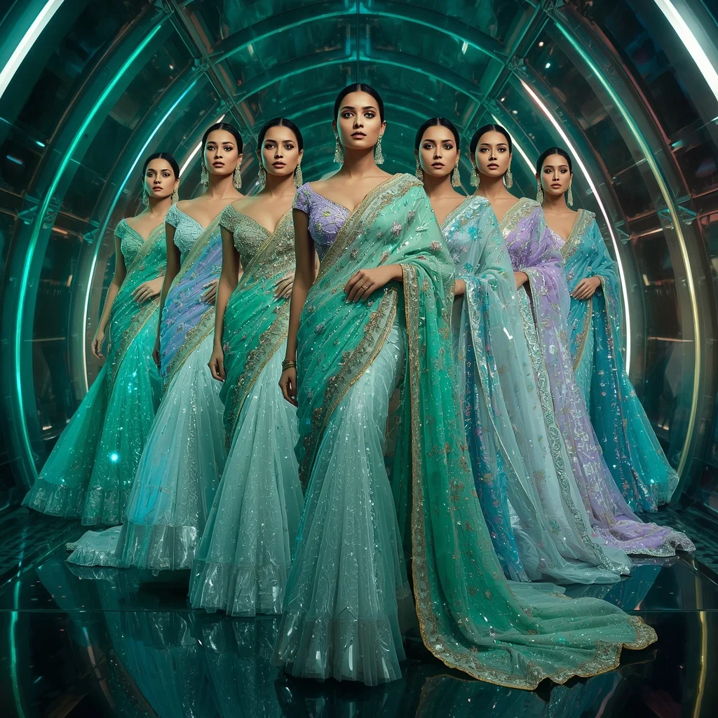 Frozen Emerald Celestial Goddess Saree with Multi Motion Fashion Frames and Aurora Quantum Infinity Realm | Ideogram Ai Prompt