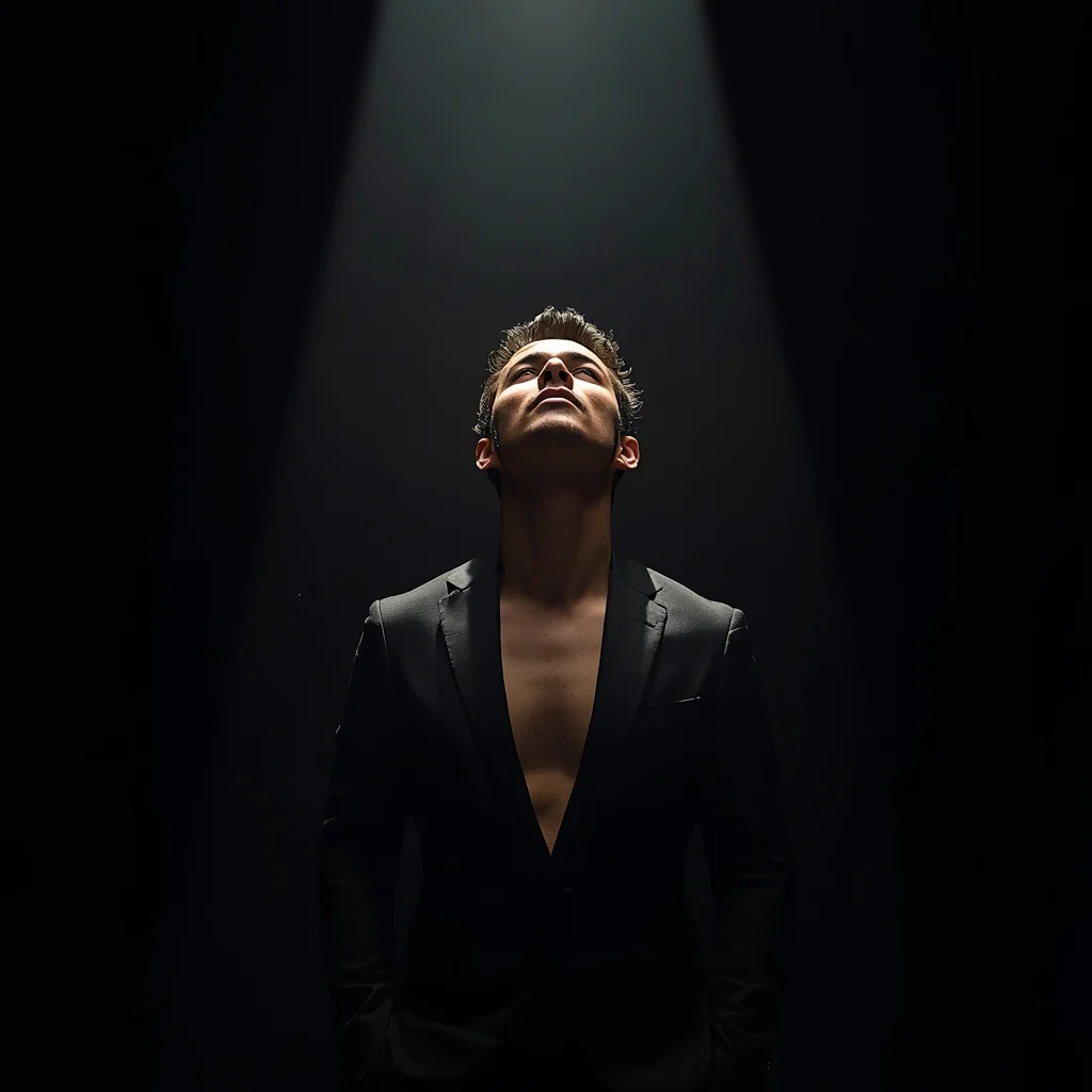Full Body Clean Black Studio Top Light Pose with Dramatic Masculine Focus | Face Ai Prompt
