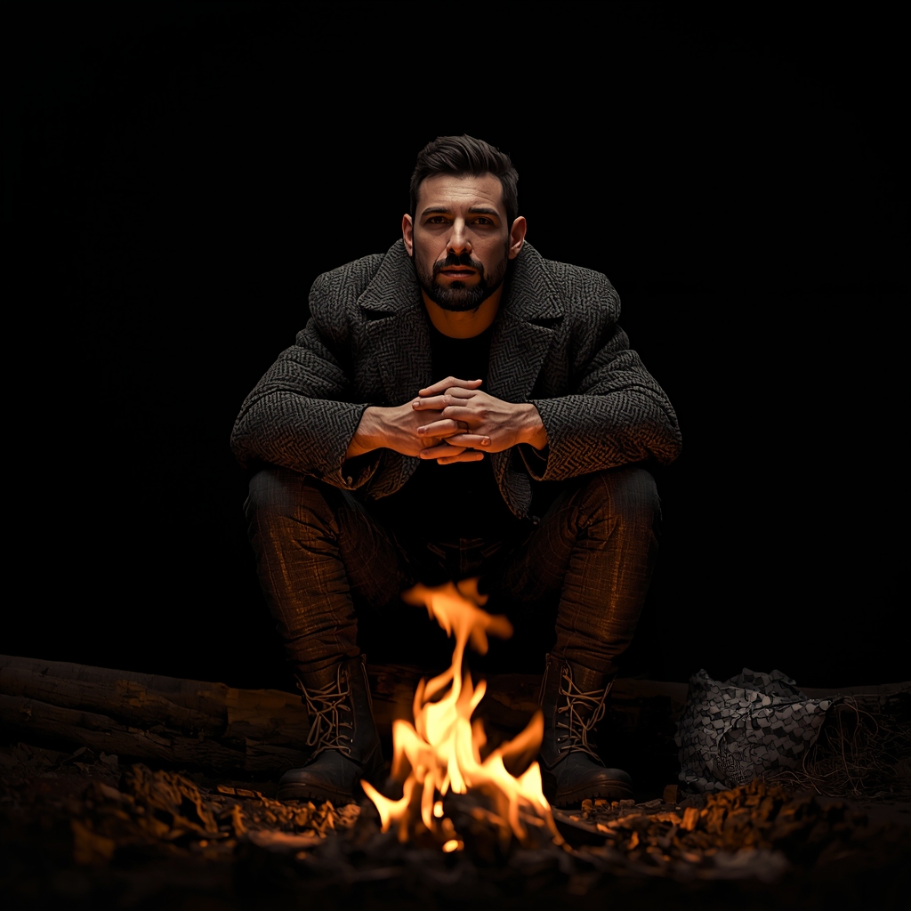Full Body Firelight Silence Pose with Primal Masculine Depth | Profile Picture Ai Prompt