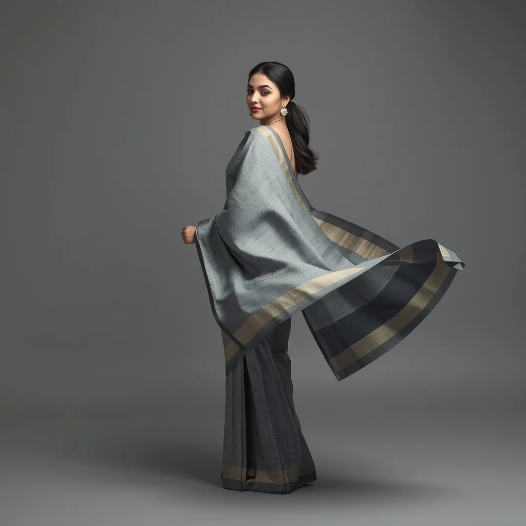 Full Body Minimal Grey Studio Saree Turn Pose with Motion Detail | Gemini Ai Prompt