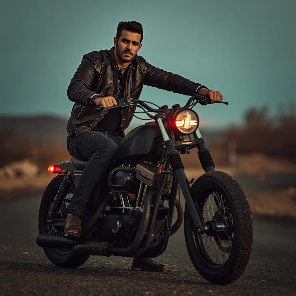 Full Body Motorbike Mount Pose with Adrenaline High-Fashion Edge | Ai Photo Editing Prompt