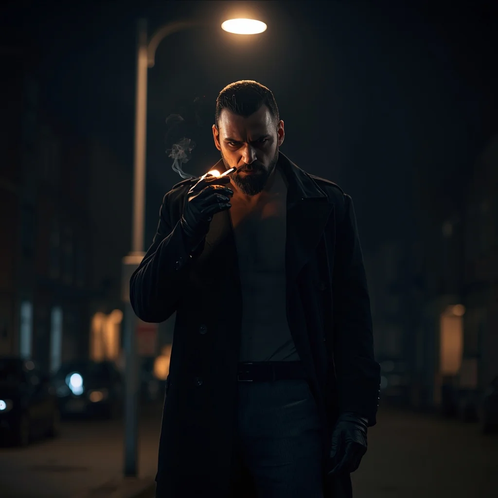 Full Body Night Street Cigarette Glow Pose with Noir Masculine Aura | Instagram Profile Pic Ai Prompt