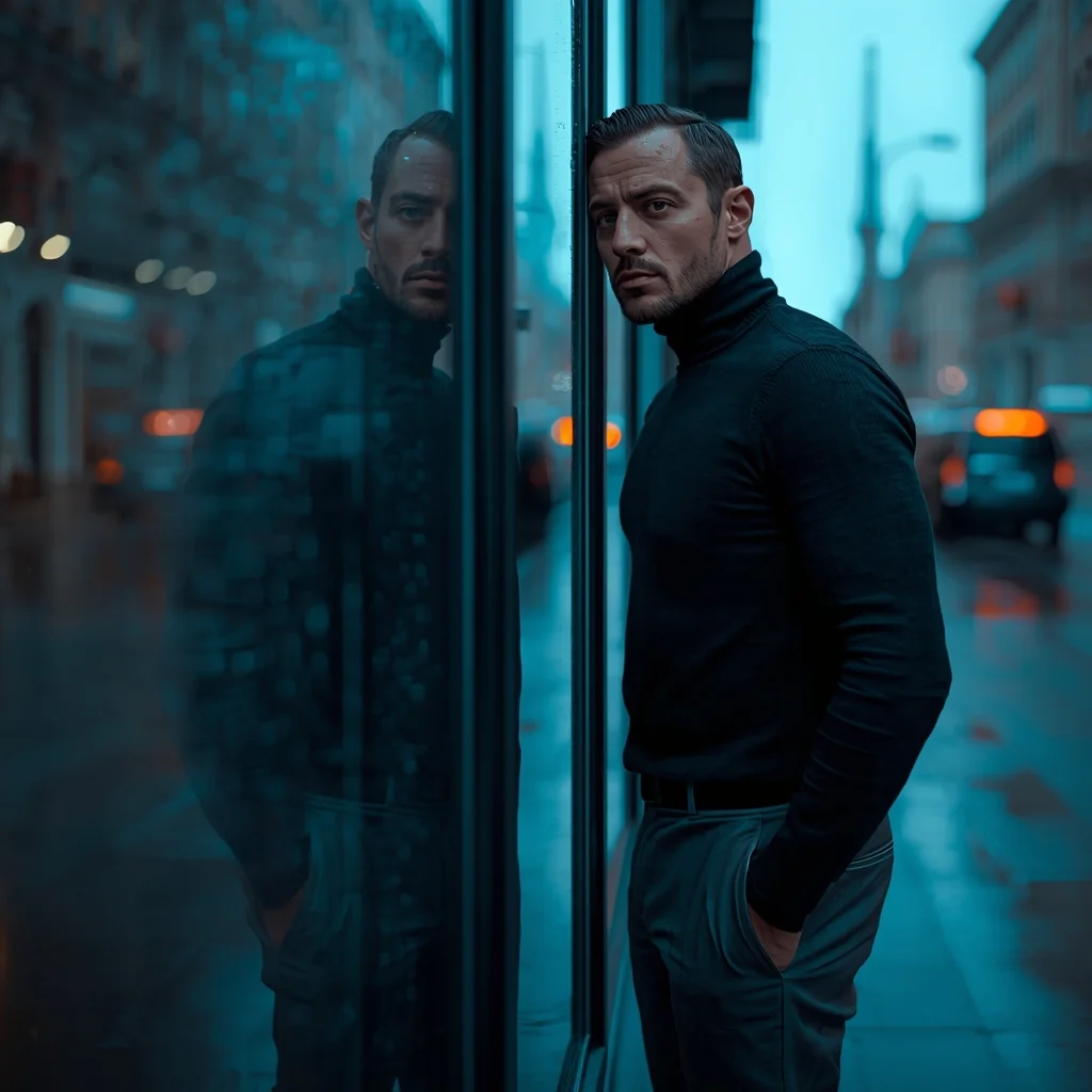 Full Body Rain Window Reflection Pose with Brooding Sigma Mood | Gemini Ai Photo Prompt
