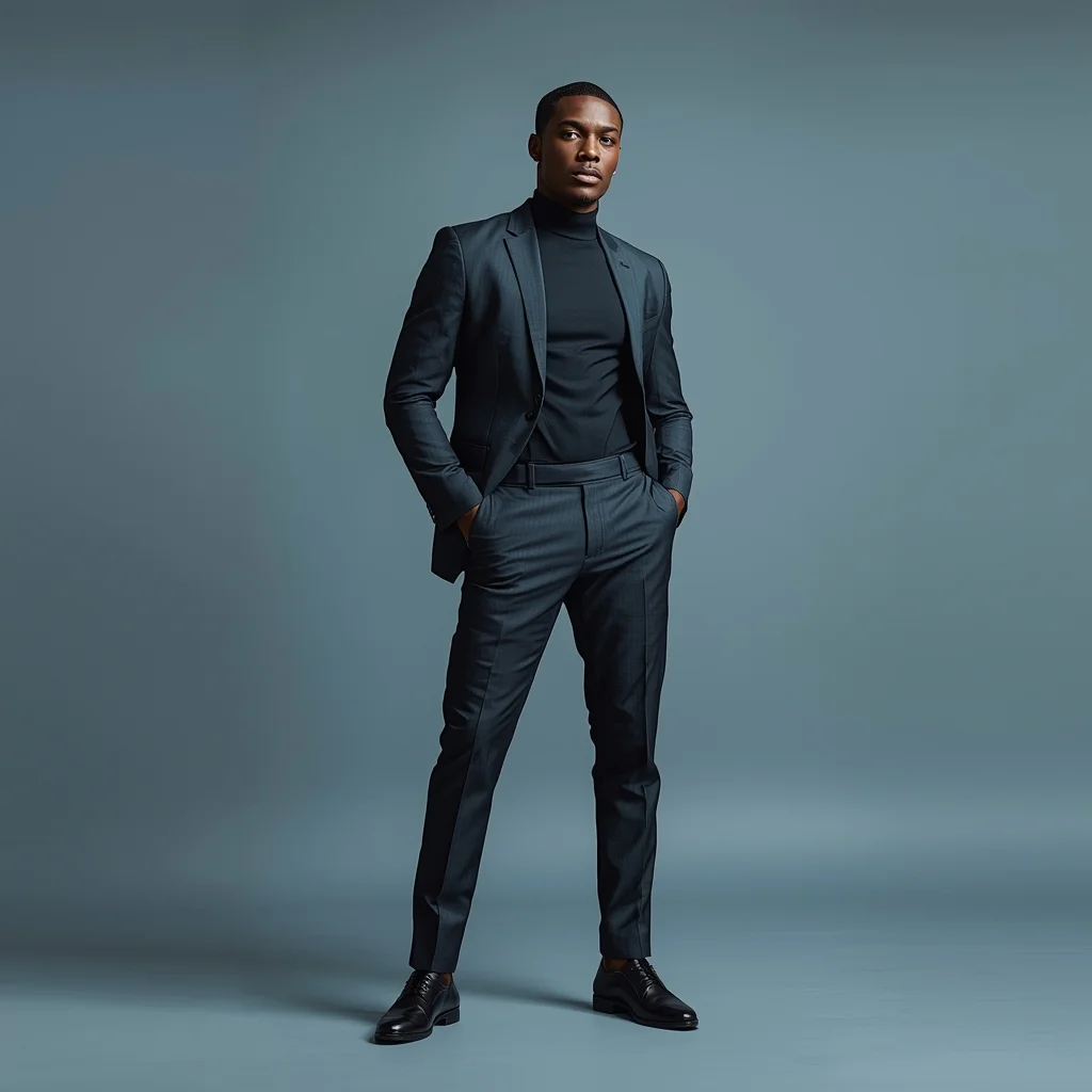 Full Body Soft Cool Slate Studio Pose with Clean Masculine Precision | Selfie Prompt