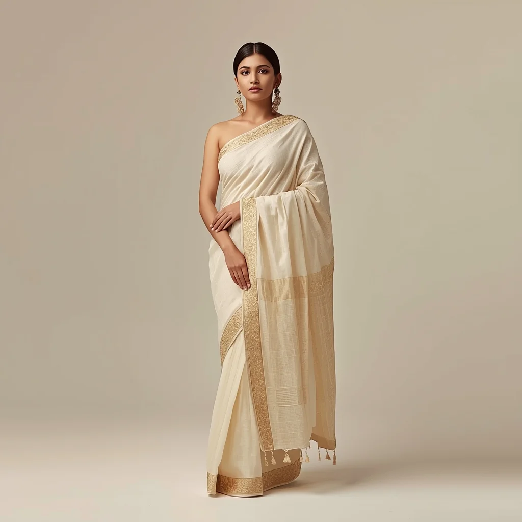 Full Body Soft Ivory Studio Saree Pose with Elegant Glow Lighting | Ultra Realistic Ai Prompt