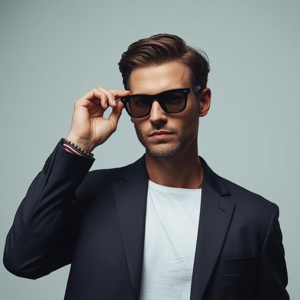 Full Body Sunglasses Adjust Pose with Stylish Masculine Confidence | Sora Ai Prompt