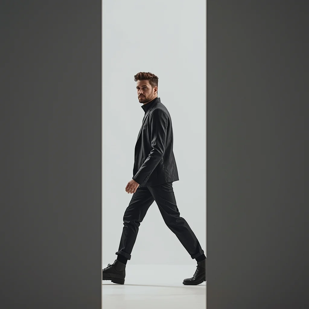 Full Body Walk Past Edge Frame Pose with Cinematic Masculine Transition