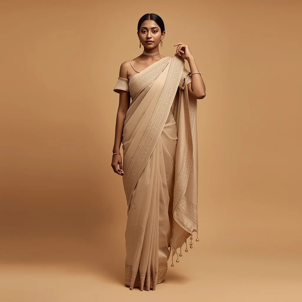 Full Body Warm Beige Studio Saree Drape Pose with Soft Editorial Glow | Ai Prompt For Social Media