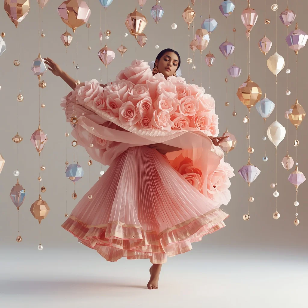 Giant 3D Porcelain Rose Saree: Baby Pink | The High-Knee Aerial Stomp Pose | Raining Pastel Diamonds and Pearls | Saree Couple Ai Prompt