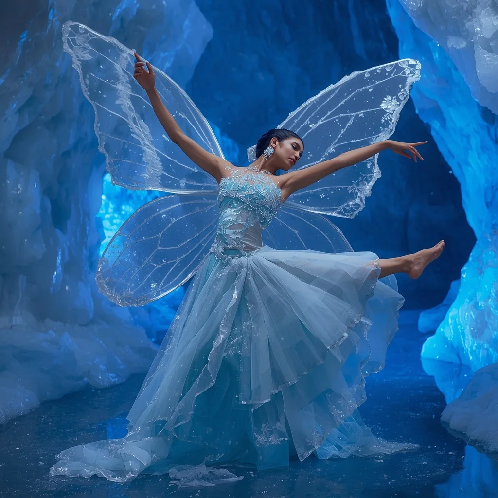 Glacial Frostbite Butterfly Saree Couture with Ice Cavern Background | Instagram Profile Pic Ai Prompt