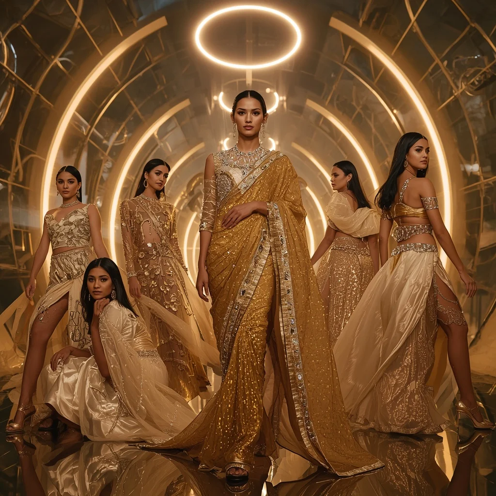 Golden Eclipse Thunder Saree with Floating Halo Cathedral | Ai Art Prompt
