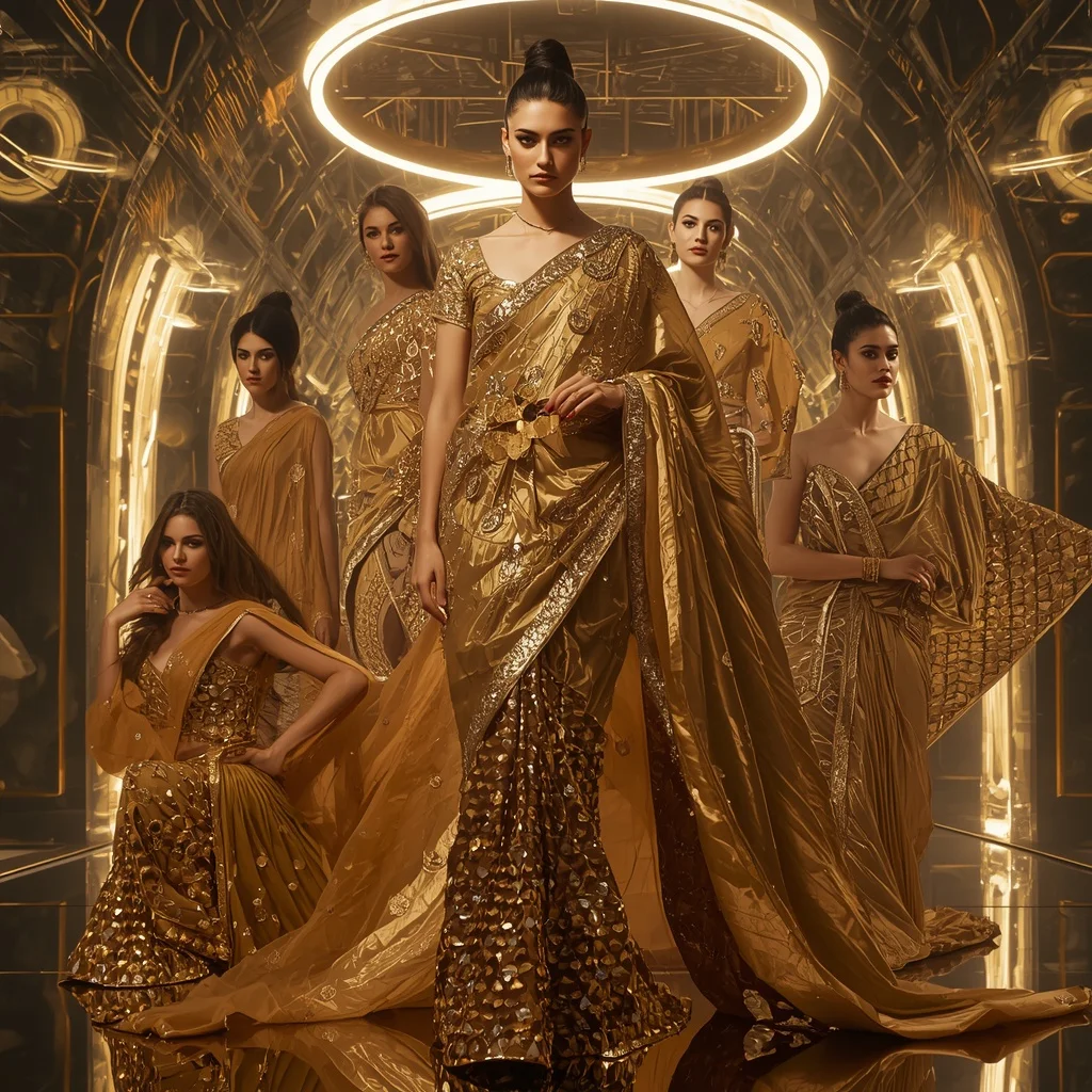 Golden Eclipse Thunder Saree with Floating Halo Fortress | Leonardo Ai Image Prompt