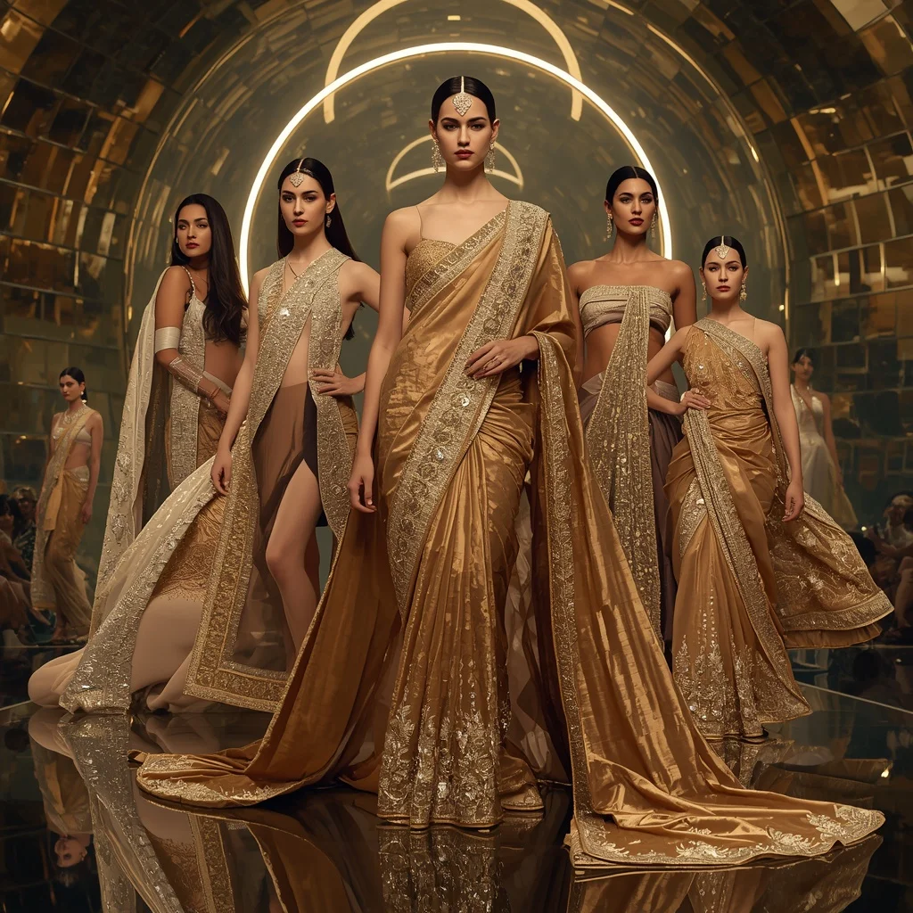 Golden Eclipse Thunder Saree with Floating Halo Temple | Art Ai Prompt