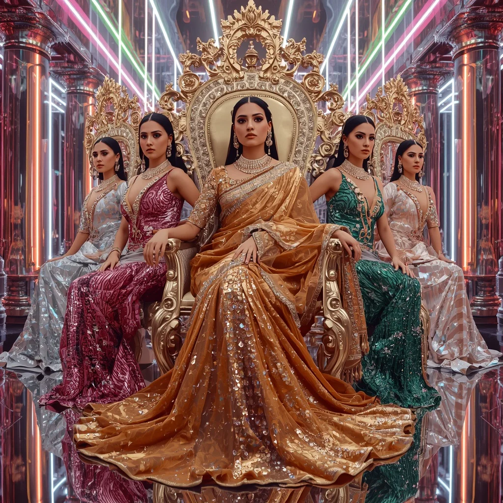 Golden Prism Hypergoddess Saree with Luxury Throne Poses and Holographic Neon Infinity Palace | Ultra Realistic Ai Prompt