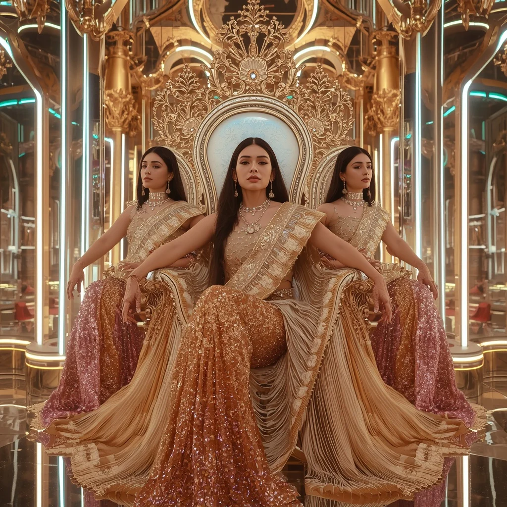 Golden Prism Infinity Saree with Luxury Throne Poses and Holographic Neon Hyperrealm | Ultra Realistic Ai Prompt