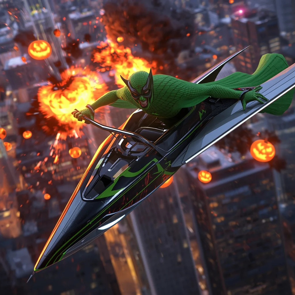 Green Goblin Glider Attack Explosive Scene | Grok Ai Prompt