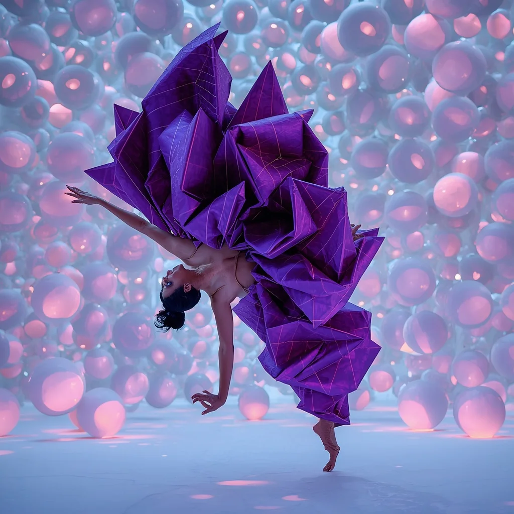 Heavy Architectural Origami Brocade Saree: Royal Purple | The Backward Falling Swan Dive Pose | 3D Floating Massive Neon Spheres | Wedding Saree Ai Prompt