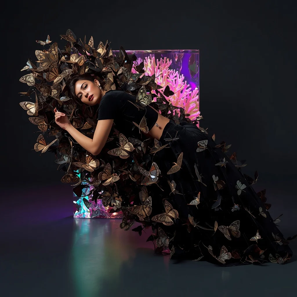Heavy Black Velvet & 3D Sculpted Bronze Butterfly Saree | The Diagonal Leaning Tower Drop Pose | 3D Liquid Chrome Coral Reef | Saree Instagram Ai Prompt