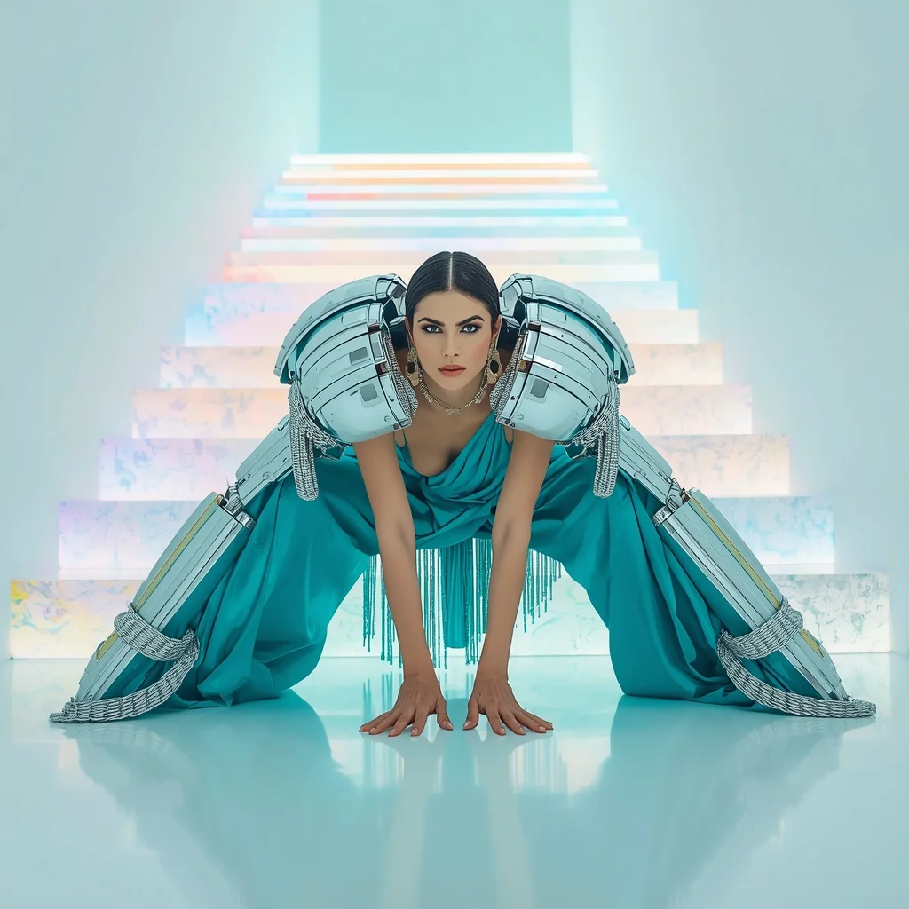 Heavy PVC Futuristic Armor Plating Saree: Teal Silk | The Crouching Spider High-Fashion Stare | Glowing Pastel Terrazzo Steps | Saree Look Ai Prompt Modern Style