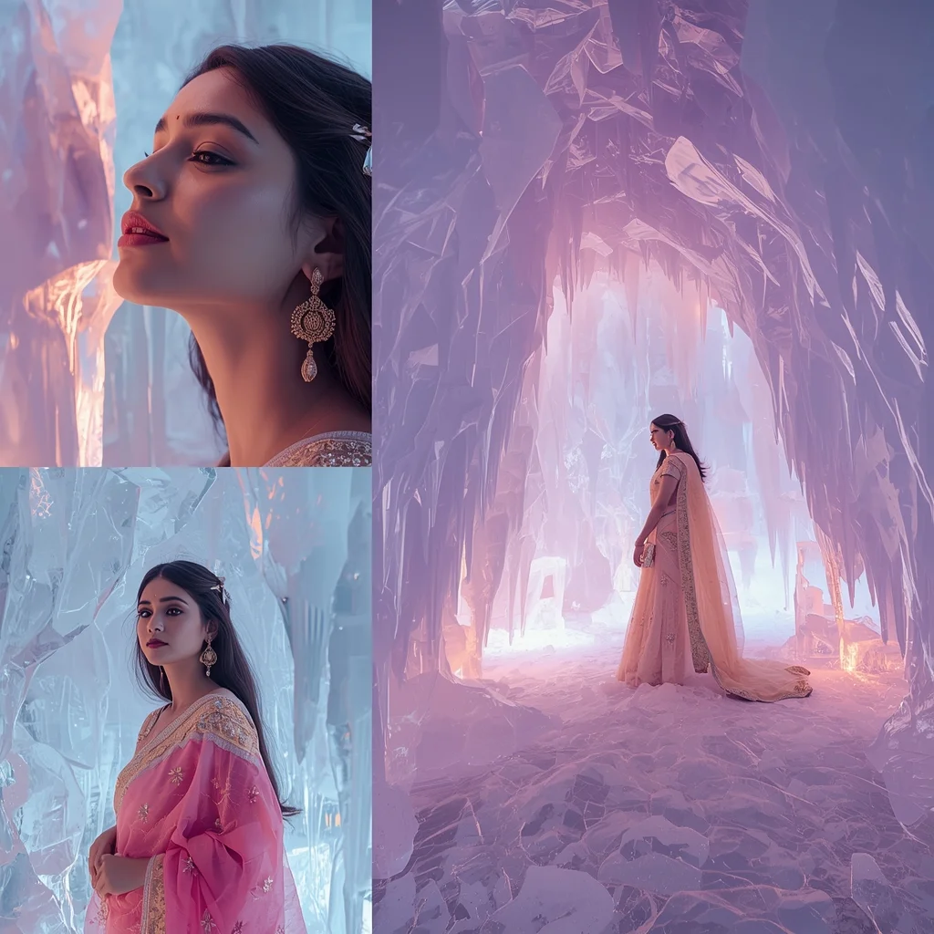 High Fashion Pastel Saree Look Inside A Glowing Ice Cavern | Saree Profile Pic Ai Prompt