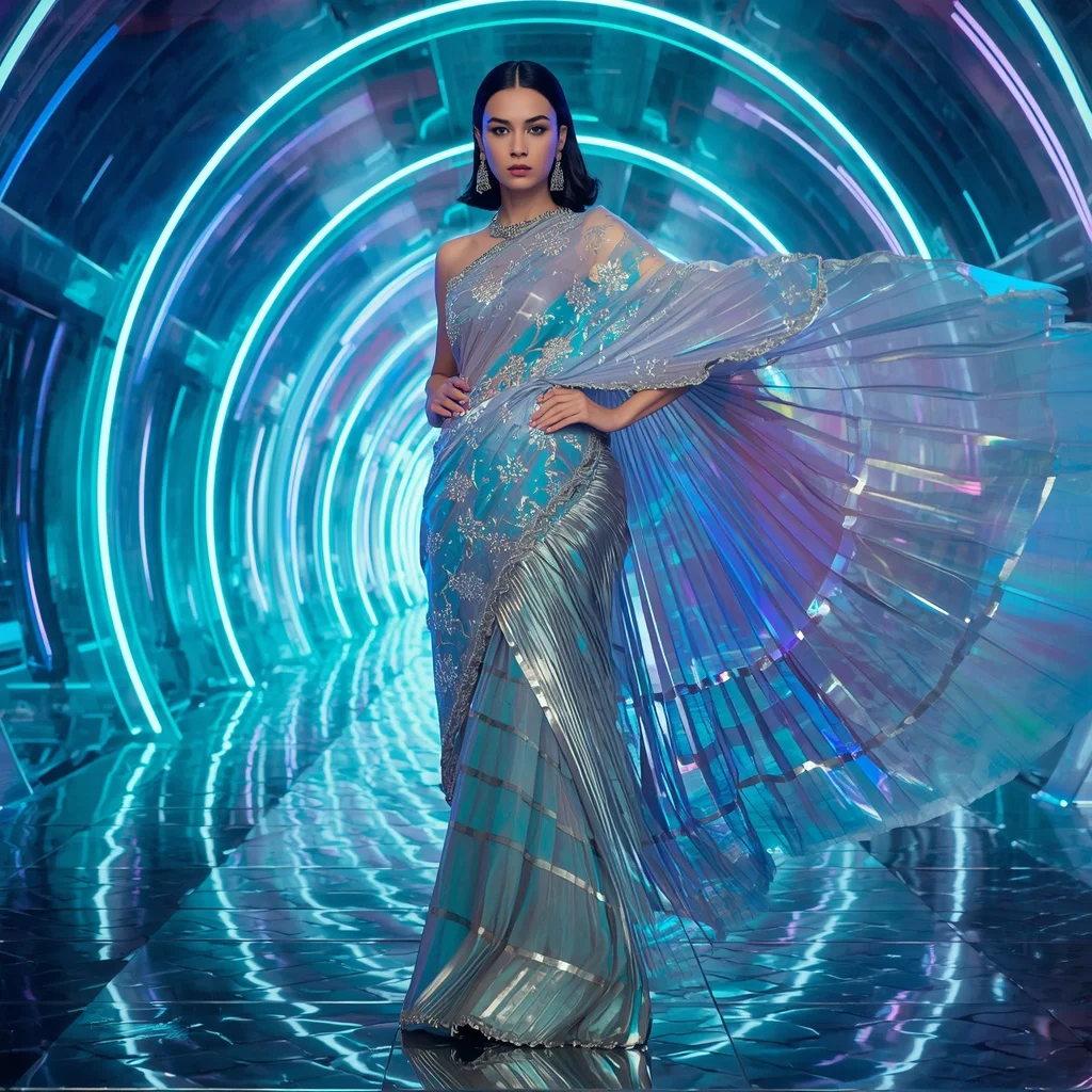 Holographic Aurora Empress Saree with Floating Neon Infinity Palace | Saree Prompt Generator