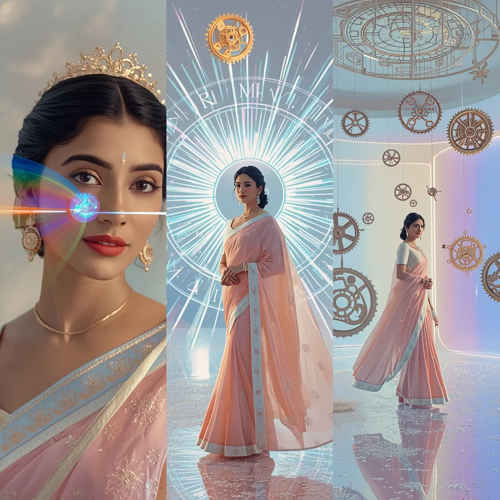 Holographic Clockwork Zodiac Wheel Saree Triptych Premium Collage | Saree Prompt For Women