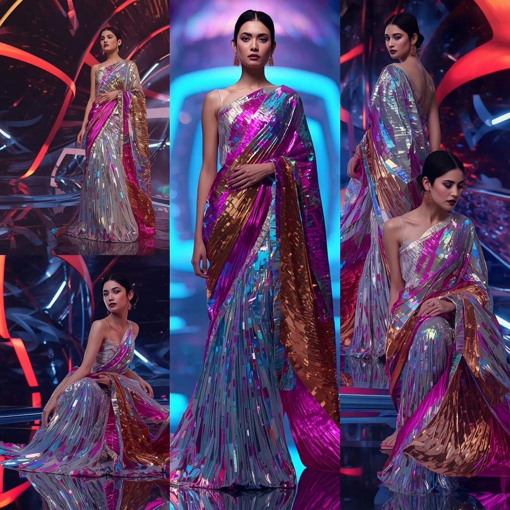 Holographic Dynasty Saree with RGB Infinity Crystal Metaverse | Gemini Saree Prompt For Girl