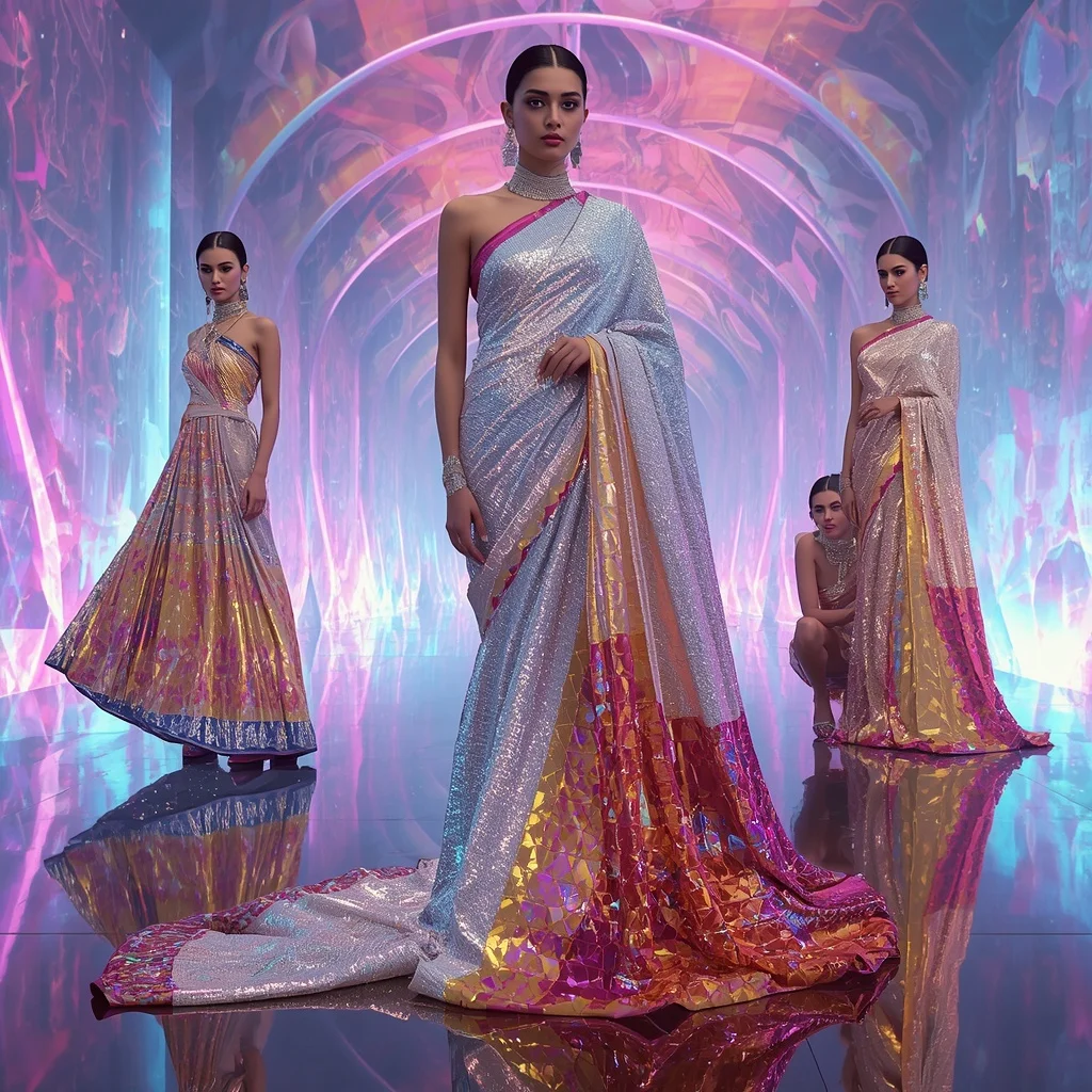 Holographic Dynasty Saree with RGB Infinity Crystal Multiverse | Saree Prompt For Girls