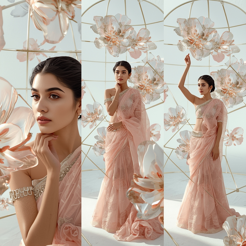 Indian Saree Triptych Layout Design with deconstructed transparent glass Flora Visual Effects | Beautiful Saree Girl Ai Prompt Cinematic