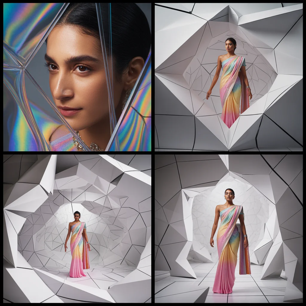 Kinetic Origami Panel Architecture Saree Multi Perspective Layout Presentation | Cinematic Saree Ai Prompt