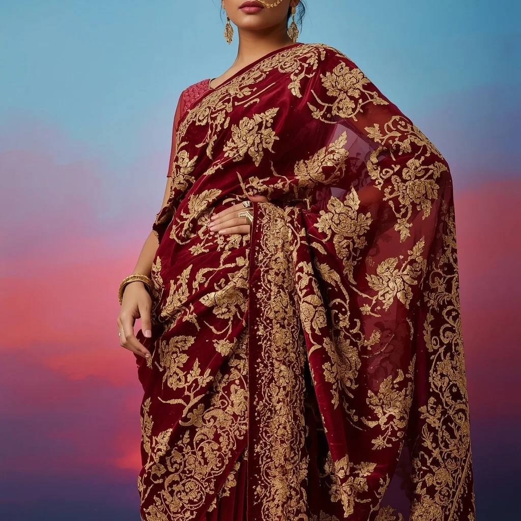 Laser-Cut Gold Saree: Royal Maroon Velvet with Heavy 3D Metallic Filigree | Prompt Image