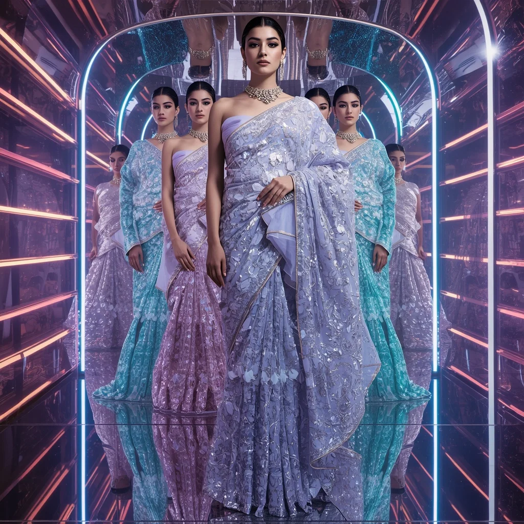 Lavender Moonlight Celestial Saree with Floating Glamour Poses and Neon Reflection Infinity Universe | Command Prompt
