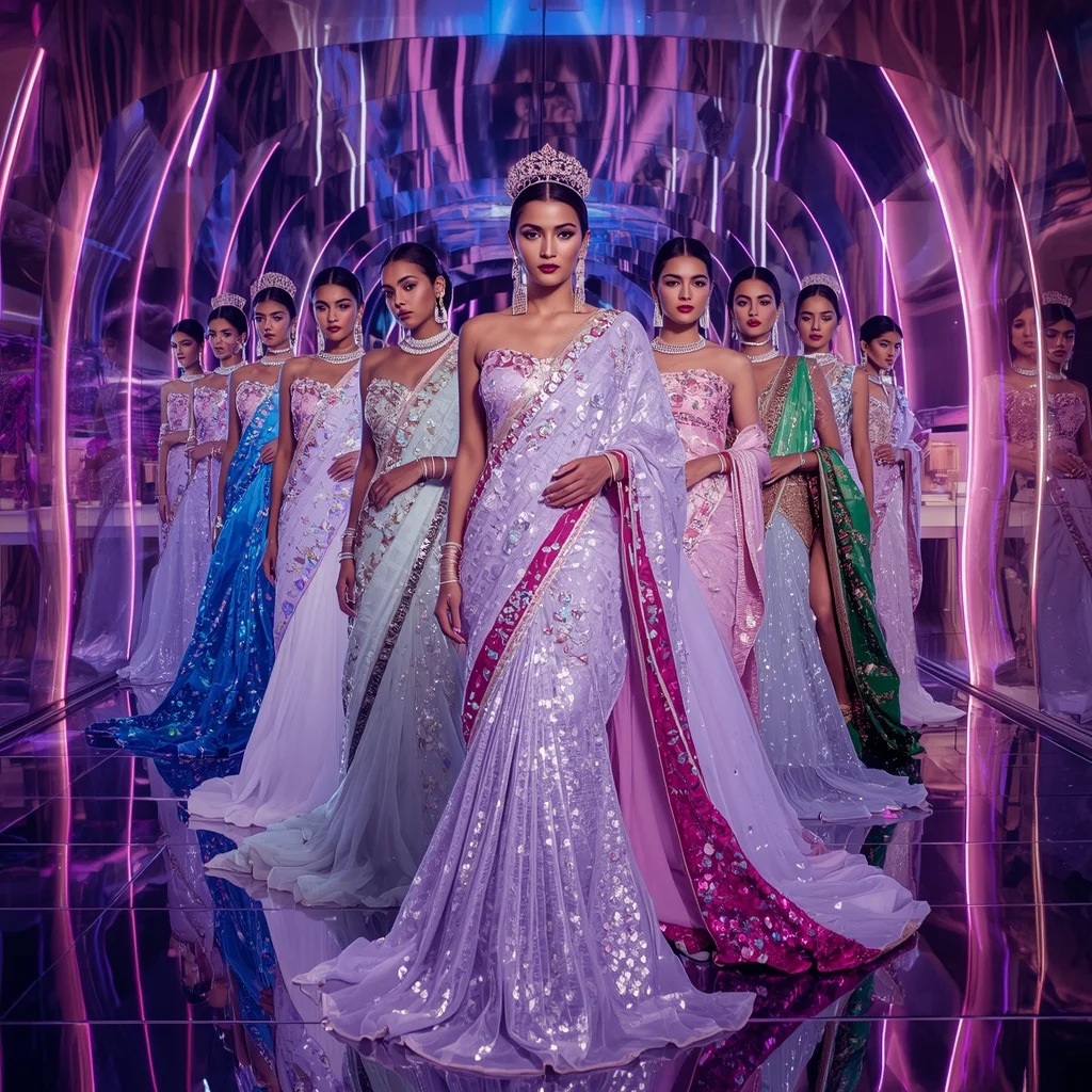 Lavender Moonlight Hyperqueen Saree with Floating Glamour Poses and Neon Reflection Infinity Realm | Sora Ai Prompt