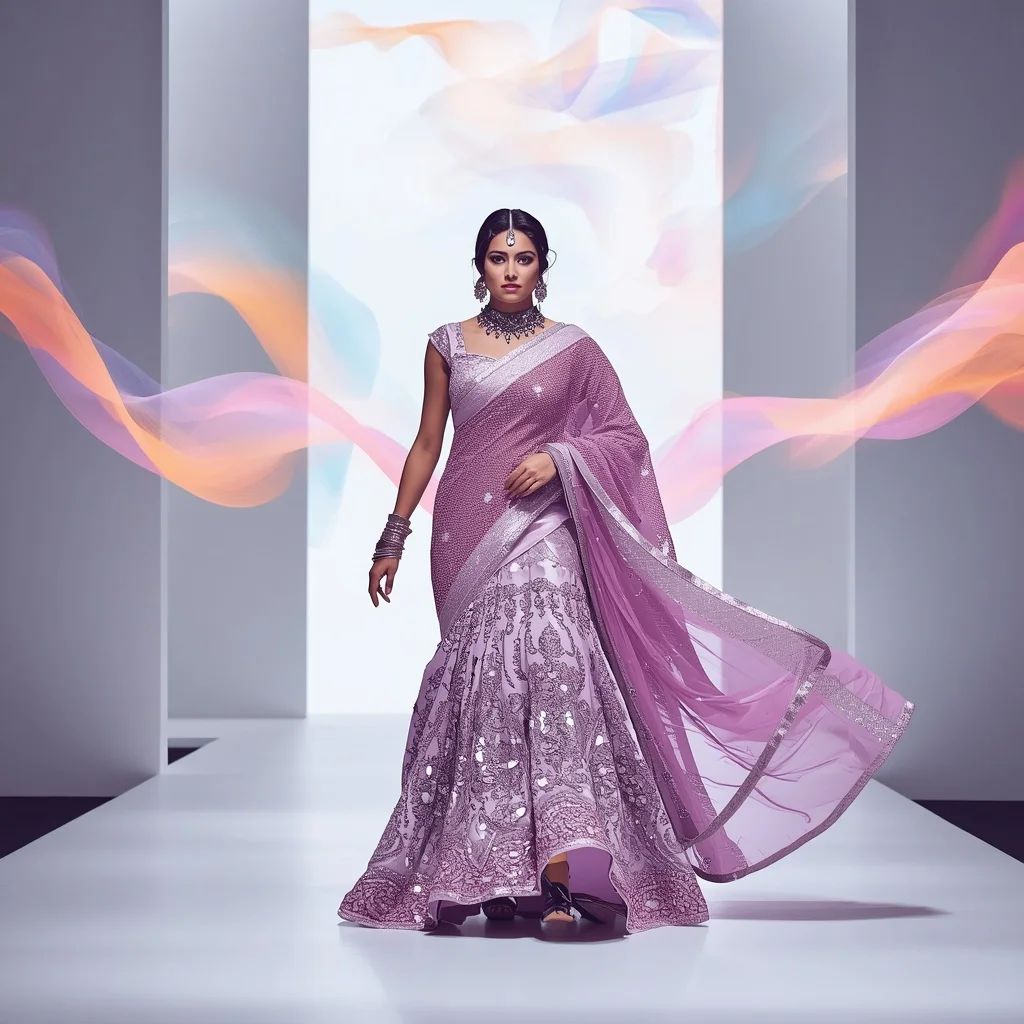 Lavender Ombre Heavy Sequin Saree with Fierce Hand-Swinging Runway Stride | Romantic Ai Prompt