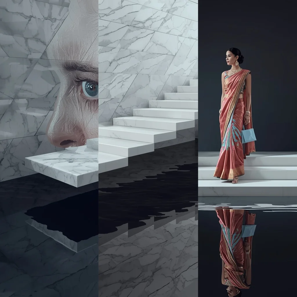 Levitating Marble Staircase Infinite Water Reflection Saree Collage | Saree Photoshoot Prompt Ultra Realistic