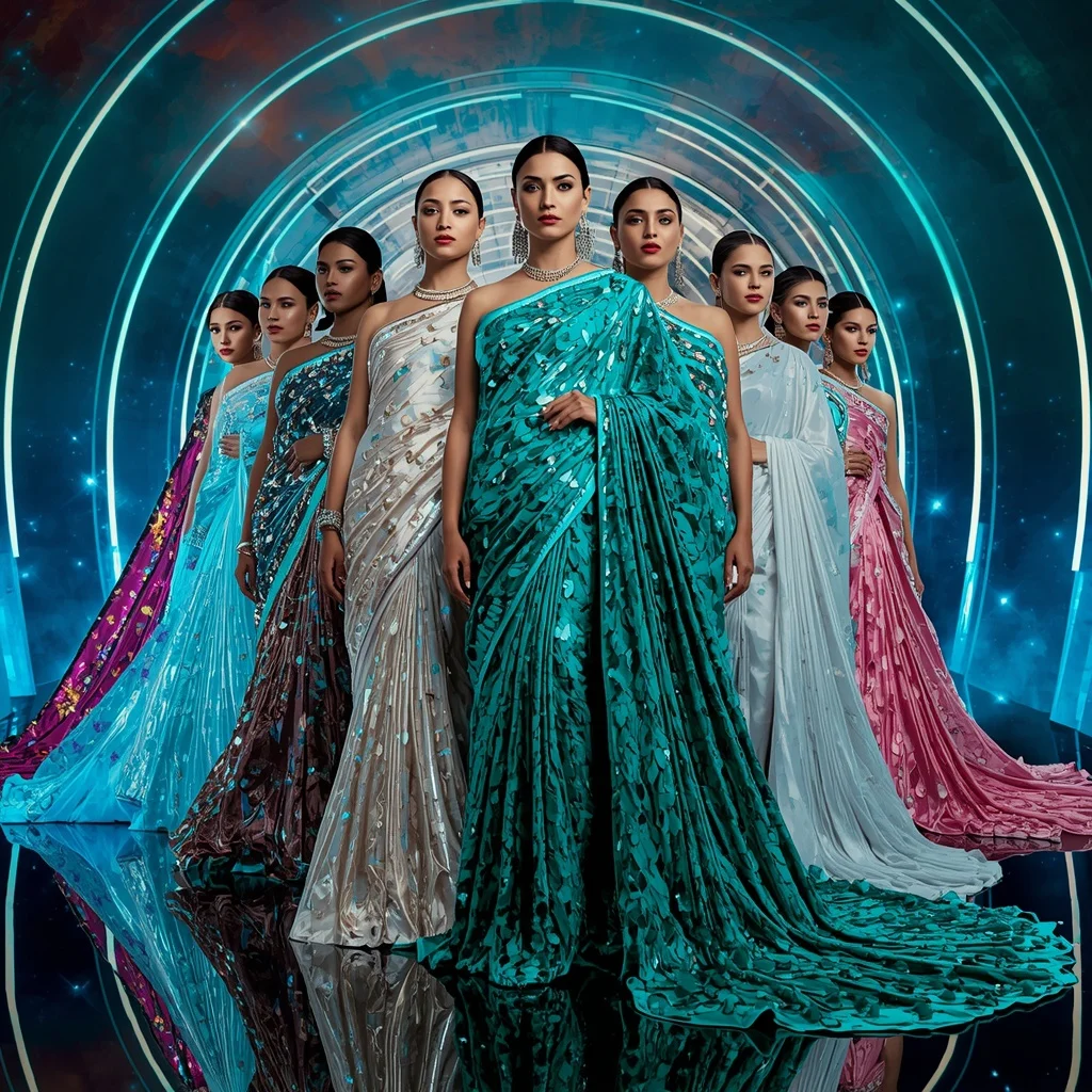 Liquid Peacock Infinity Hyperqueen Saree with Multi Pose Editorial Story and Laser Prism Celestial Megaverse | Prompt Generator