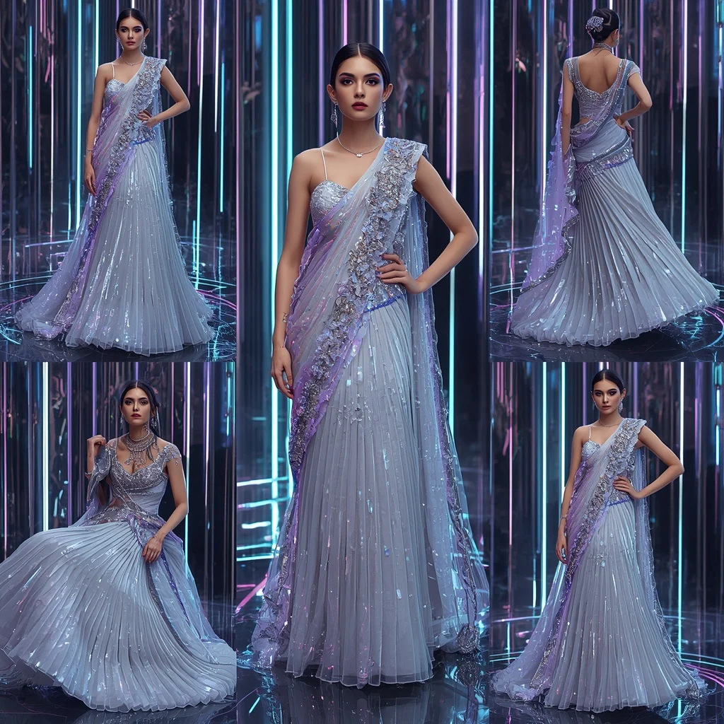 Lunar Prism Couture Saree with Neon Ribbon Infinity Crystal Fortress | Ai Portrait Prompt