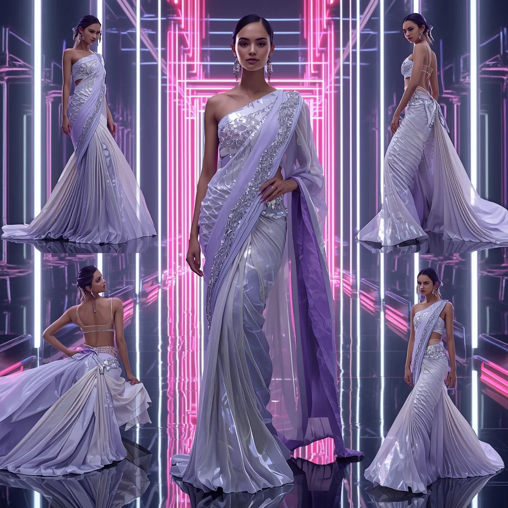Lunar Prism Couture Saree with Neon Ribbon Infinity Sanctuary Palace | Saree Prompt