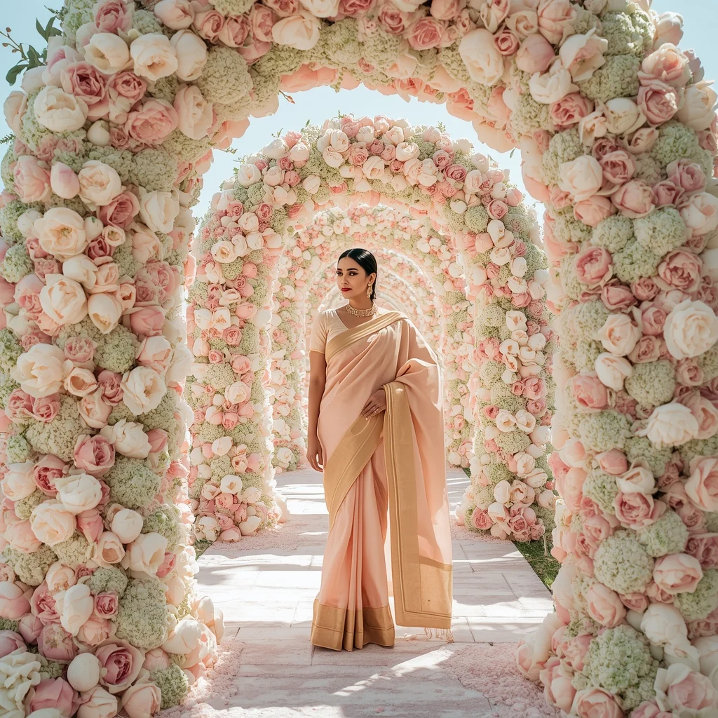 Luxury Floral Archway Aesthetic For Elegant Pastel Indian Saree Portrait | Indian Bride Saree Ai Prompt