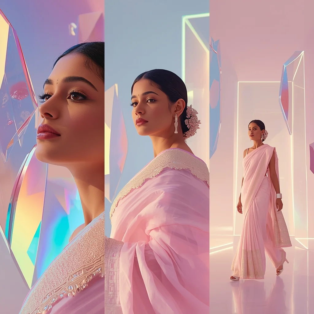 Luxury Shattered Reality Dimension Pastel Saree Triptych Collage | Beautiful Saree Girl Ai Prompt