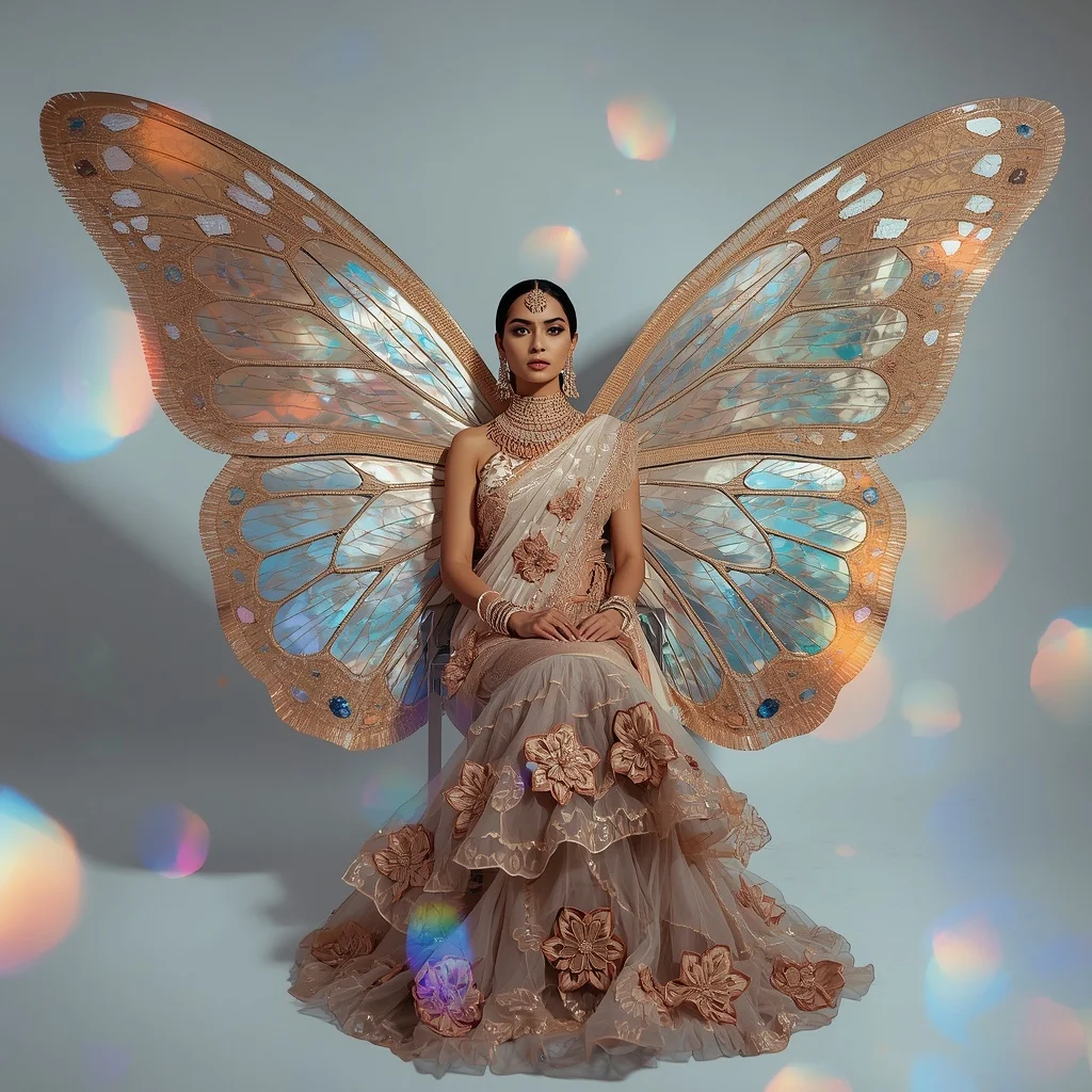 Majestic Abalone Shell Butterfly Saree Look with Regal Seated Pose | Gemini Photo Prompt