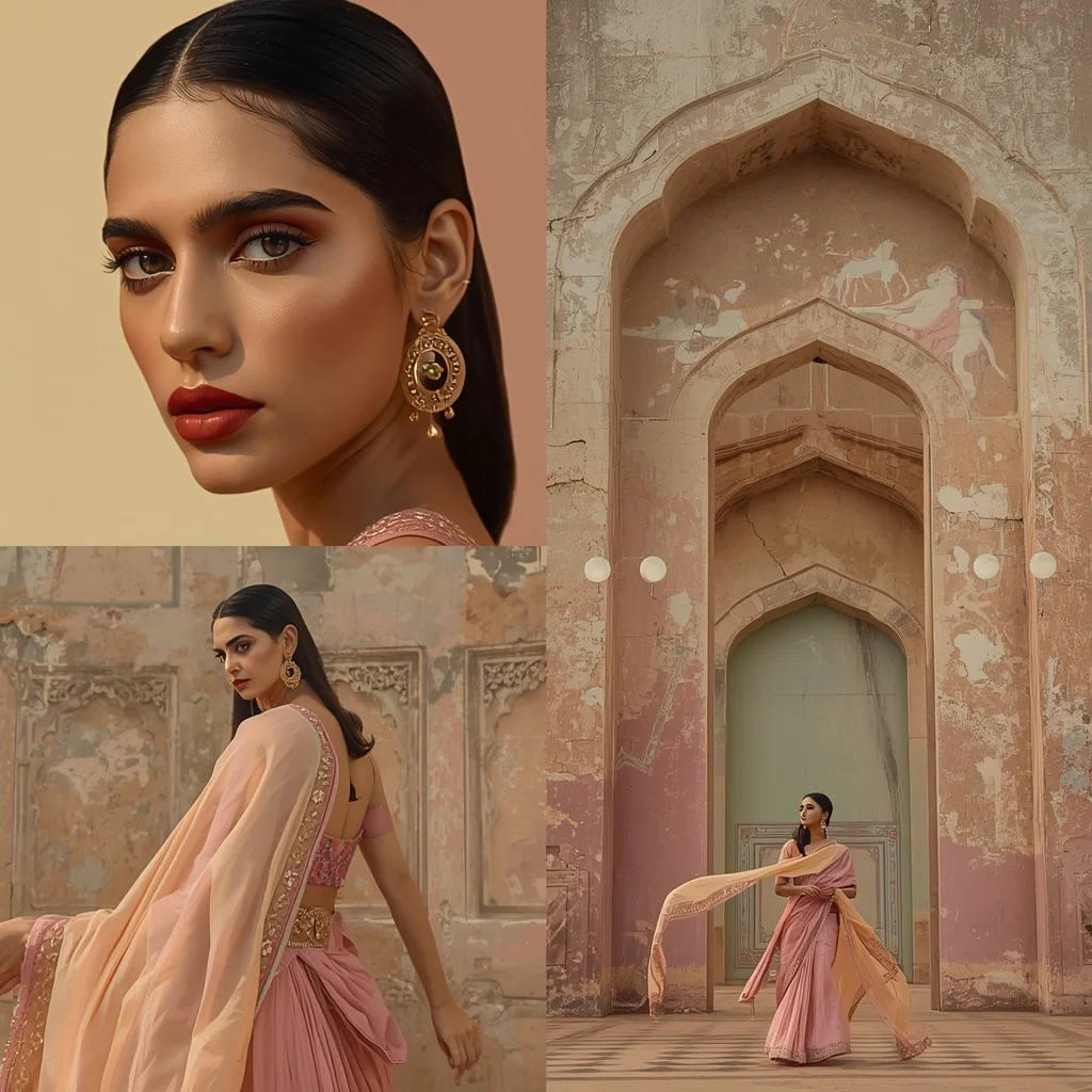 Majestic Heritage Aesthetic For Indian Saree With Pastel Fresco Art | Saree Prompt For Instagram