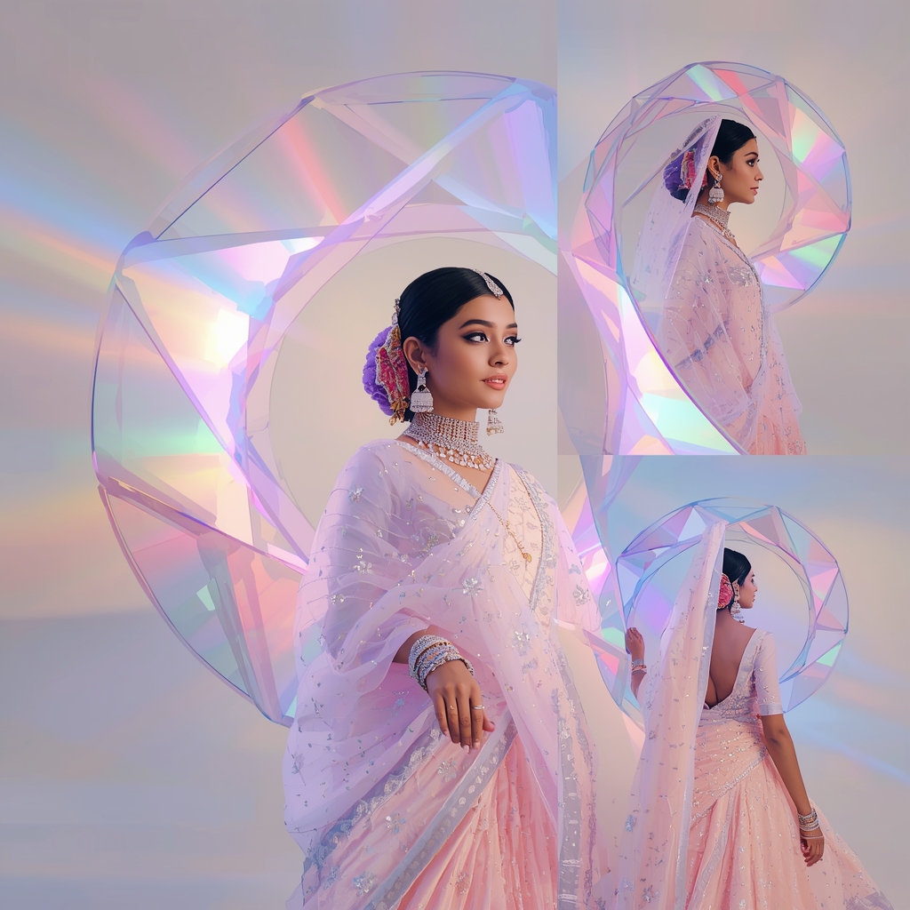 Majestic Pastel Saree Design With Glowing Geometric Stained Glass Halos | Saree Prompt Copy Paste