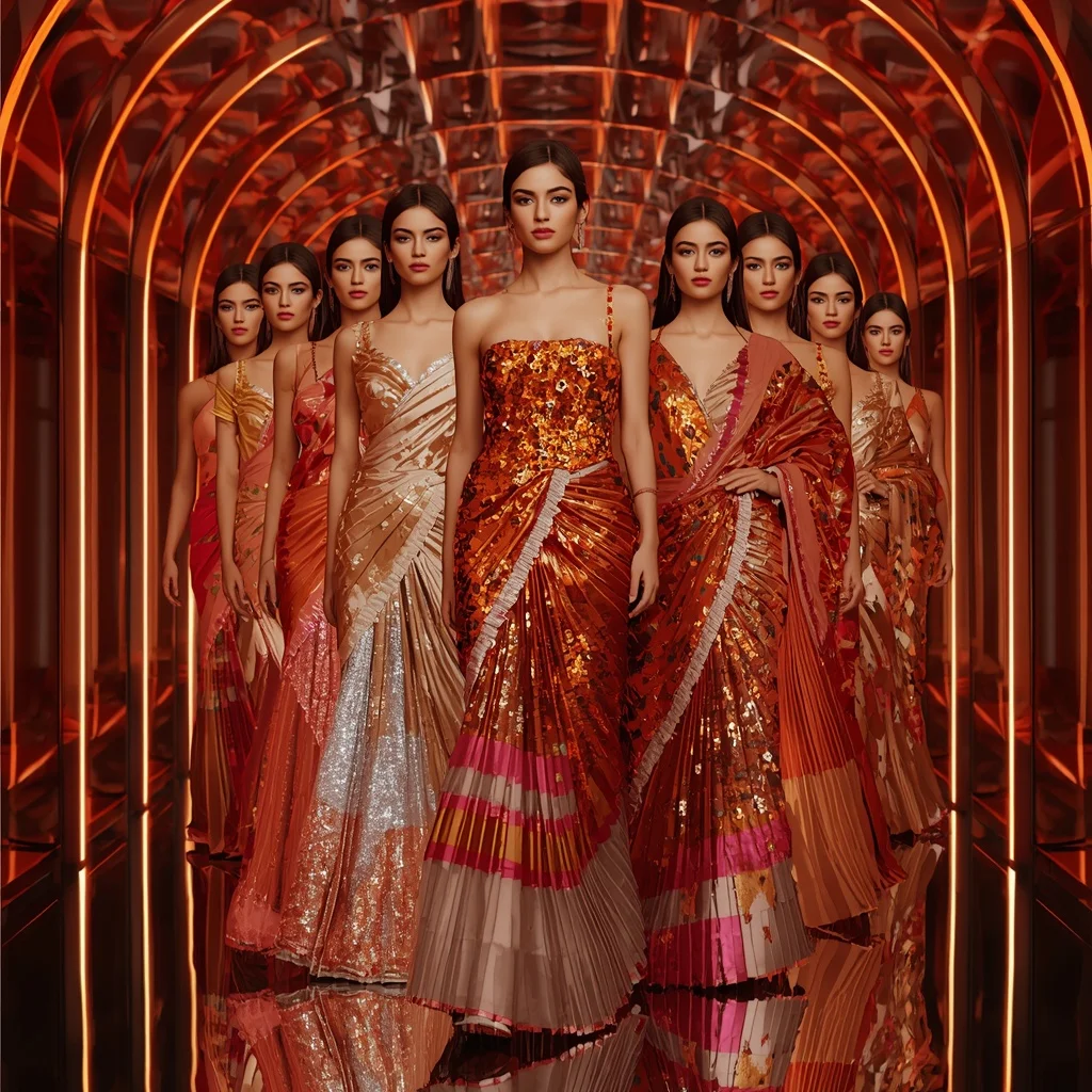 Metallic Lava Quantum Hyperverse Saree with Multi Runway Frames and Infinity Neon Eternal Hypercosmos | Romantic Ai Prompt