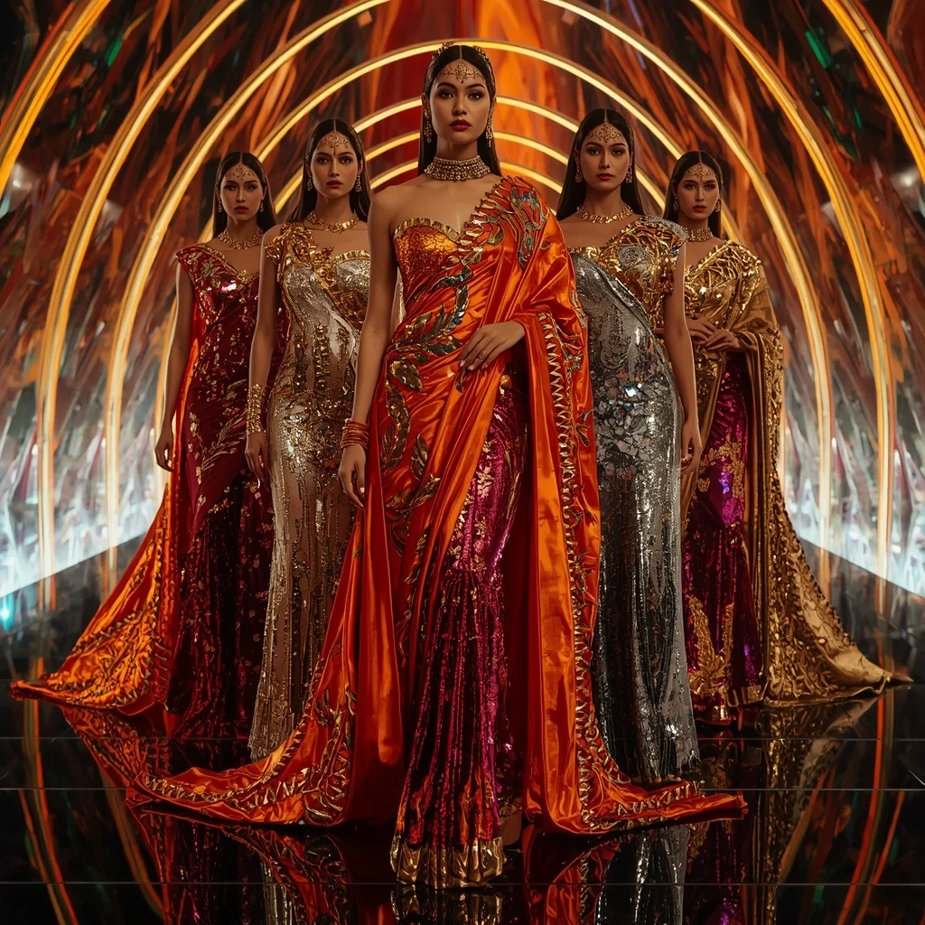 Metallic Phoenix Hyperqueen Saree with Reflective Editorial Poses and Futuristic Crystal Hyperrealm | Motivation Ai Prompt