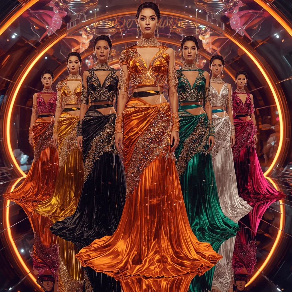 Metallic Phoenix Infinity Saree with Reflective Editorial Poses and Futuristic Crystal Hypercosmos | Korean Ai Prompt